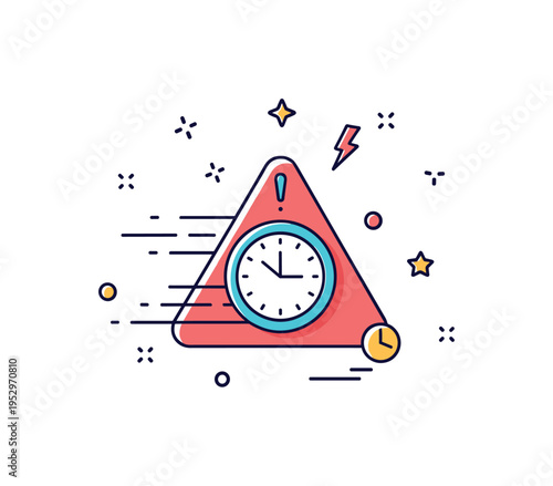Temporal anomaly alert badge designed with a clock icon inside a warning triangle surrounded by subtle motion lines, conveying scientific monitoring and