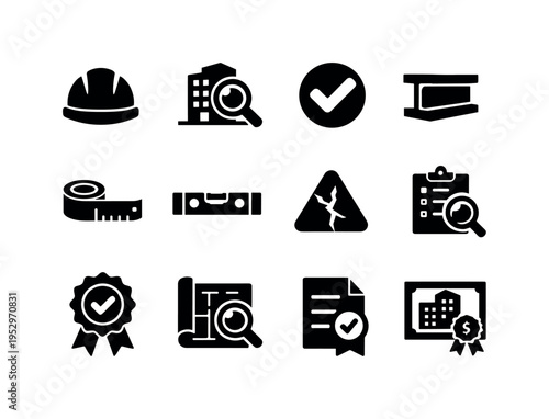 Building Inspection. Solid icon set of Building Inspection: inspector helmet, magnifying glass building, quality check mark, structural beam, measuring tape,
