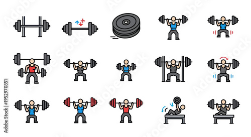 Colorful weightlifting icons set featuring barbells weight plates and people performing various exercises.