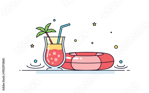 Pina colada poolside refreshment scene with a tropical drink placed next to a minimal inflatable ring and tiny water ripple accents. The composition captures