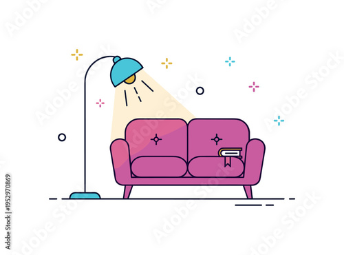 Evening unwind soft sofa silhouette with a floor lamp casting a warm glow and a small book resting nearby, symbolizing quiet downtime and personal space.