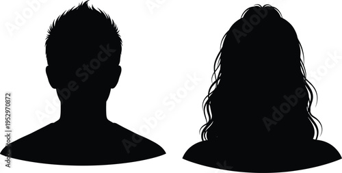 Black silhouette of man and woman head avatar, male and female profile face icons, flavector isolated human portraits, social media, people.