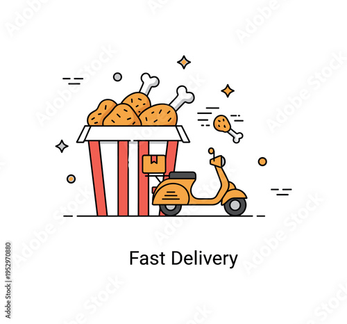 Crispy fried chicken food delivery concept illustrated by a takeaway box with crunchy pieces inside and a small scooter icon nearby, symbolizing convenience