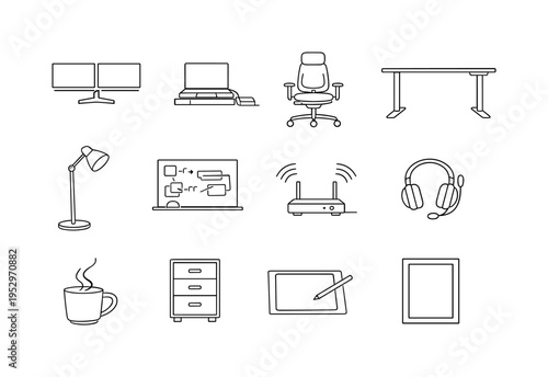 Developer Home Office Layout. Minimalistic set one-line drawing dual monitor setup, laptop dock station, ergonomic chair with lumbar support, standing desk