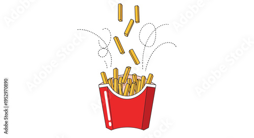 A cartoon illustration of a red french fry container with golden fries jumping out