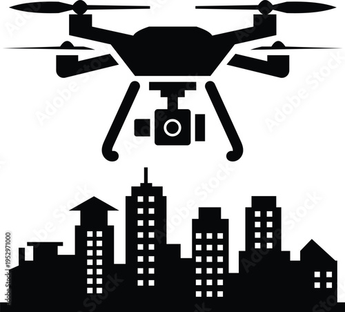Drone with camera flying over modern city skyline vector icon