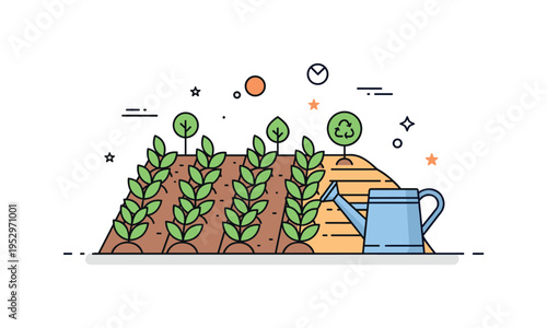 Sustainable agriculture scene featuring neat crop rows with a watering can placed beside them. The image highlights eco friendly practices and mindful land