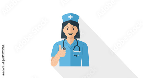 Smiling female nurse character giving thumbs up wearing blue uniform and stethoscope.