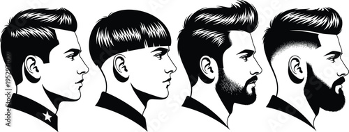 Black silhouette of men hairstyle set, male profile face icons with beard and haircut, flavector isolated human portraits, barbershop, people.