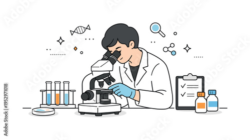 Laboratory sample analysis. Editorial scene with a researcher examining samples under a microscope, careful observation and methodical laboratory process.