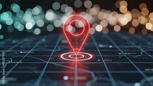 Red glowing location pin pulsing on digital map surface for navigation and technology content