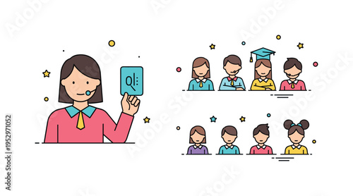 Visual cues and classroom symbols built around a teacher holding up a small card icon with a quiet symbol while students respond attentively, expressing order