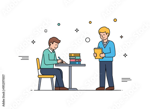 Book signing author seated at a small table signing a stack of books while a reader stands nearby with a copy in hand, expressing literary celebration and