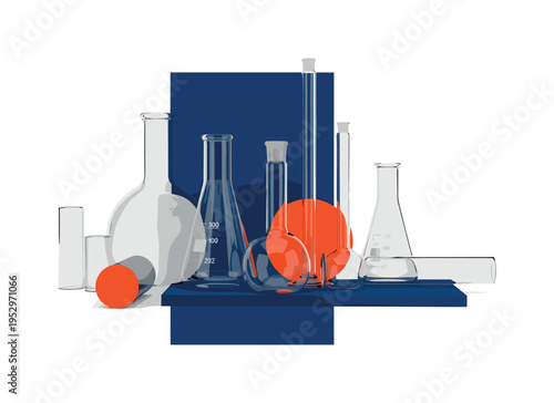Black and white close-up of laboratory beakers arranged in geometric formation, oversized deep blue rectangle anchoring the composition with vivid orange
