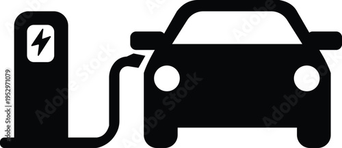 Electric vehicle charging icon plug and car minimal vector illustration