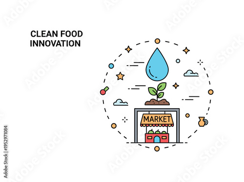 Clean food innovation badge centered on a water droplet icon nurturing a small plant within a market frame symbolizing soil free cultivation and healthy retail