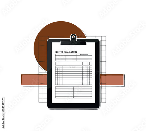 Black and white clipboard holding structured coffee evaluation form, vibrant mocha geometric circle behind upper portion, muted terracotta horizontal bar