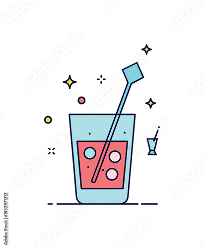 Bar accessories concept badge stylish highball glass with a geometric stirrer and subtle sparkle elements, representing modern mixology tools and creative