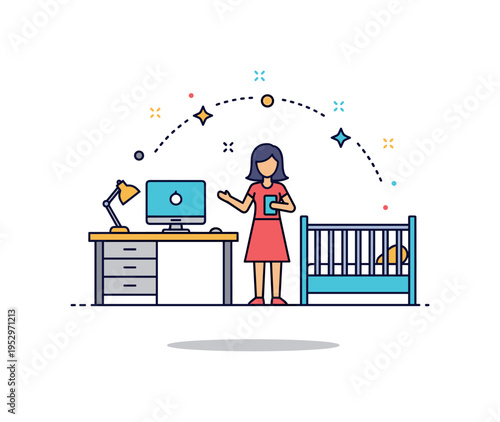 Home office parenting concept shown as a small desk setup beside a crib icon with a mother silhouette positioned between them, symbolizing coordination and