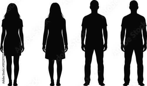 Black silhouette of people, men and women standing in casual outfits, isolated human group, social community, flavector, diverse adult figures.