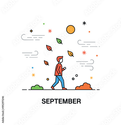 September outdoor walk scene featuring a person strolling under gently falling leaves with a small sun disk above, capturing calm reflective energy of early