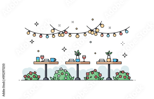 Outdoor garden wedding celebration scene illustrated by string lights hanging above small round tables and blooming plants, expressing cheerful open air
