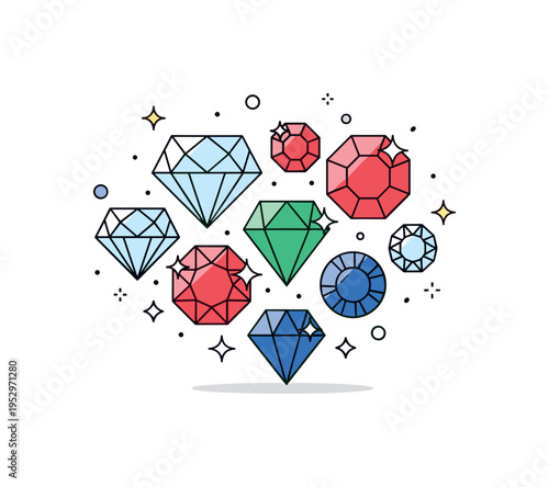 Precious gemstones sparkling cluster of cut diamonds, rubies, emeralds and sapphires arranged in a balanced composition with tiny star glints suggesting