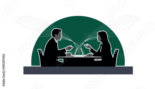 Black and white side view of banker and client discussing across sleek desk, deep emerald half circle framing background, muted charcoal horizontal bar