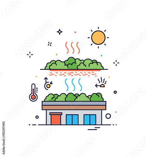 Green roofs cooling urban buildings with a layer of lush vegetation covering a simple rooftop under a bright sun, visually contrasting heat above and freshness