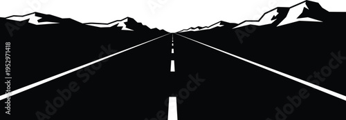 Road mountain landscape illustration, travel artwork design, scenic vector motif, bold graphic icon, black white adventure symbol