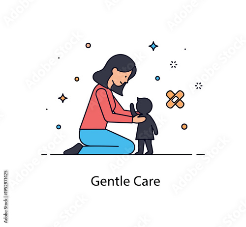 Mom comforting child after a fall illustration with a mother gently kneeling beside a small child silhouette and a tiny bandage icon nearby, representing