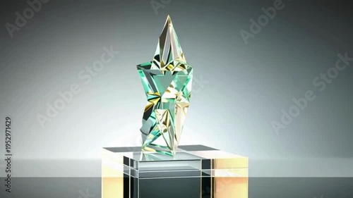 Crystal Glass Trophy with Geometric Facets on Reflective Base – Luxury Award, Achievement, and Corporate Excellence Concept