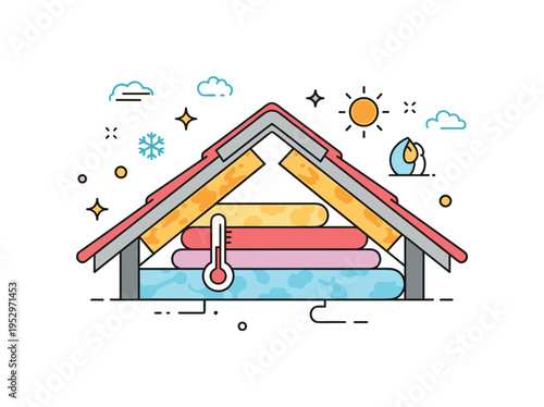 Roof insulation and energy efficiency concept visualized by a cutaway roof section with layered insulation materials inside, communicating temperature control