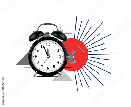 Black and white retro alarm clock prominently displayed, bold red circle behind it symbolizing urgency and reliability, blue linear elements radiating outward