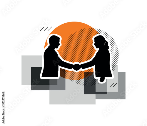 black and white mirrored silhouettes shaking hands, intersected by large orange circle and fine black diagonal lines representing forward progress, abstract