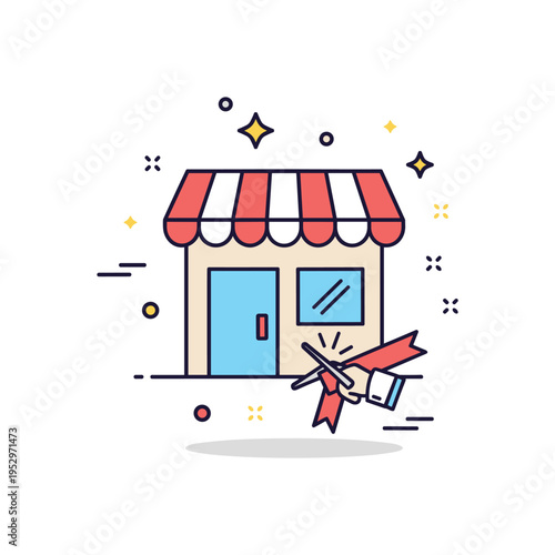 Business expansion new branch opening concept centered on a storefront icon with a small ribbon cutting accent and subtle sparkle details. A celebratory badge
