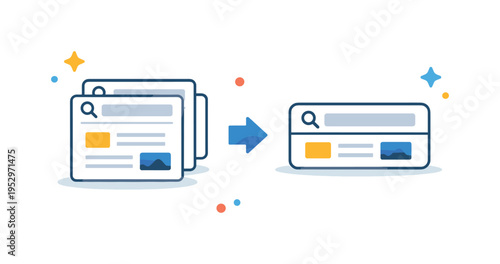 Search results collapse represented by stacked result cards merging into a single condensed block with a subtle arrow indicator. The scene suggests smart