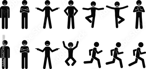 Black stick figure people set, standing running jumping and gesturing icons, flavector human motion collection, isolated vector sign bundle, poses.
