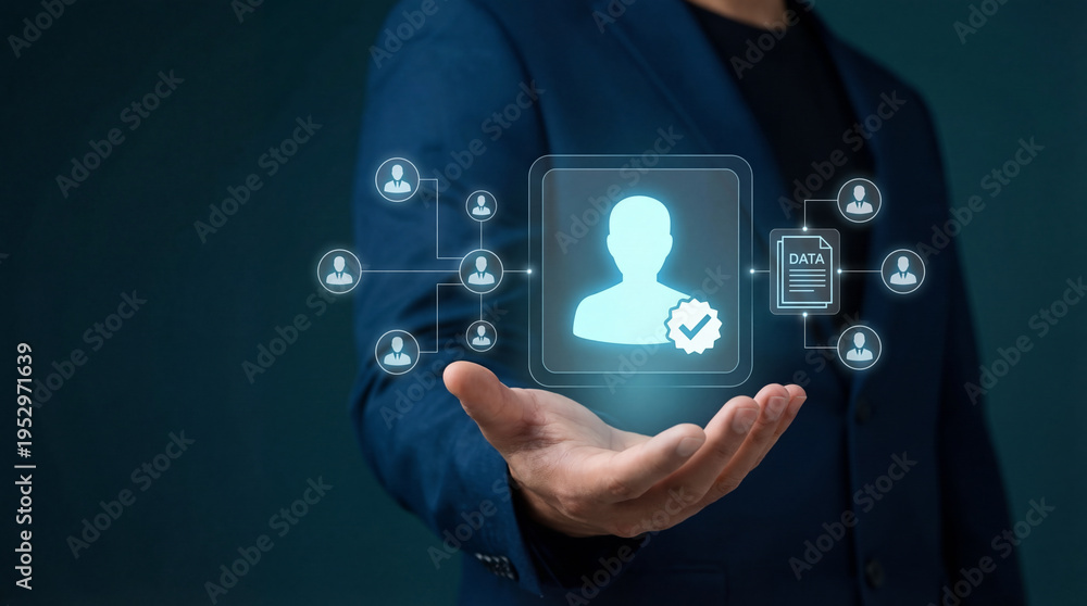 Fototapeta premium Digital Identity Verification Concept with Man Holding Data Security Icons