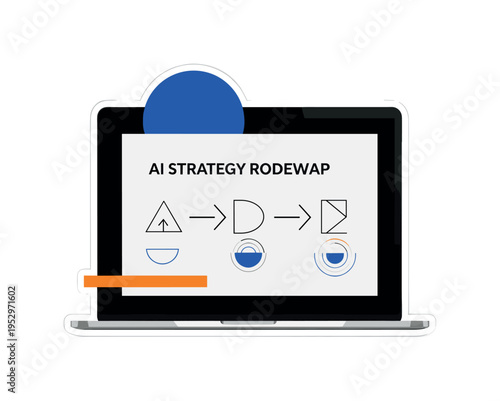Black and white laptop displaying bold poster layout while designer adjusts elements, bright orange circular backdrop and blue diagonal bar adding dynamic