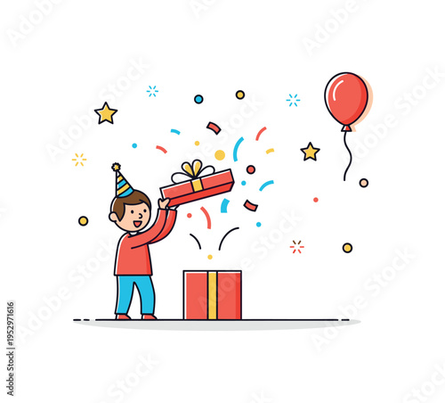 Birthday gift opening moment with a child lifting the lid of a present box as confetti pops upward conveying surprise and delight. A single balloon and star
