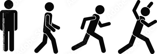 Black stick figure silhouette set, standing walking running and cheering person icons, flavector human motion evolution, isolated vector sign group.