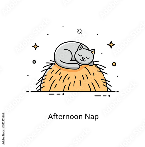 Barn cat resting on hay concept with a simple curled-up cat figure atop a textured hay pile, expressing comfort, warmth, and homey farm life. A subtle caption