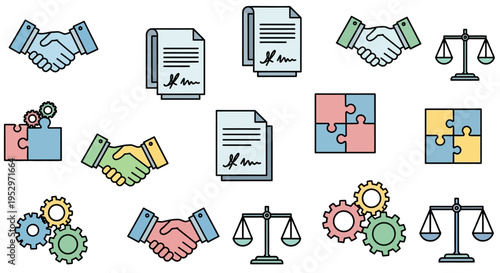 Business agreement and law icons set.