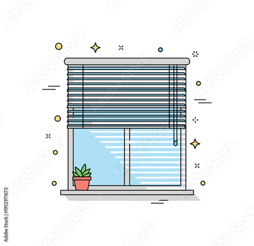 Minimal window blinds installation theme centered on a neat window with horizontal slats casting subtle light stripes, symbolizing privacy and light