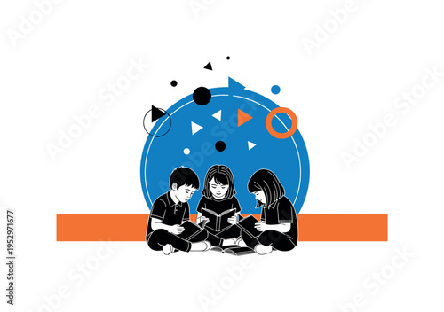 Black and white children reading books together on the floor, bold blue circular halo around the group symbolizing shared knowledge, orange horizontal bar