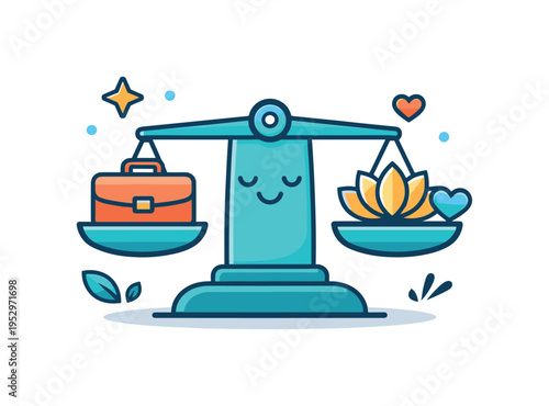 Work life balance scale illustrated as a friendly scale surrounded by small stars and calm accents, suggesting inner peace healthy productivity and long term