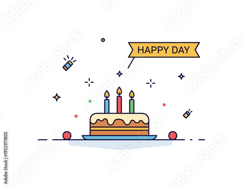 Birthday celebration greeting scene featuring a simple cake with lit candles and tiny sparkle accents, expressing warmth and joyful wishes. A small banner