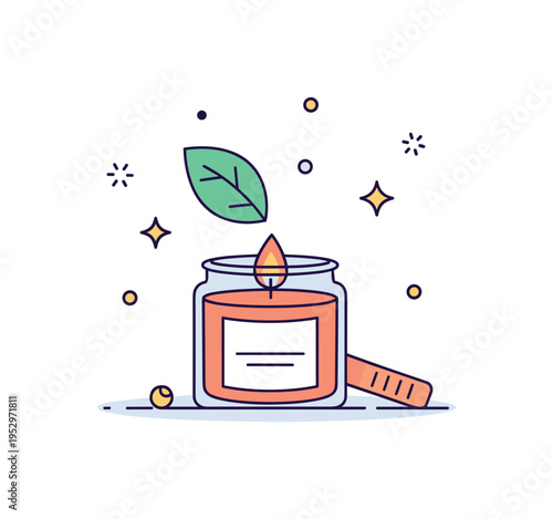 Cozy home ambiance created by lighting a scented candle in a small jar, evoking relaxation and comfort at the end of the day. A compact composition with