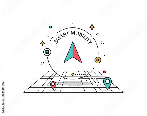 Smart mobility map badge centered on a navigation arrow icon over a minimal grid map surface representing modern transport solutions and efficient routing.